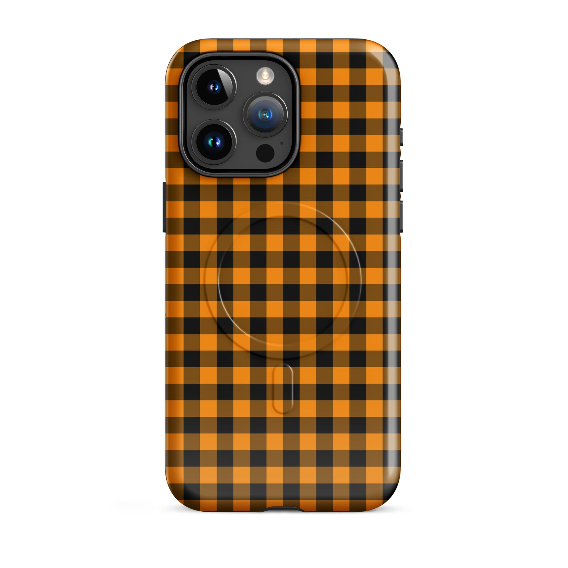 Magnetic Phone Case for iPhone with black-and-orange gingham Autumn theme, showcasing stylish design and durable luxury.