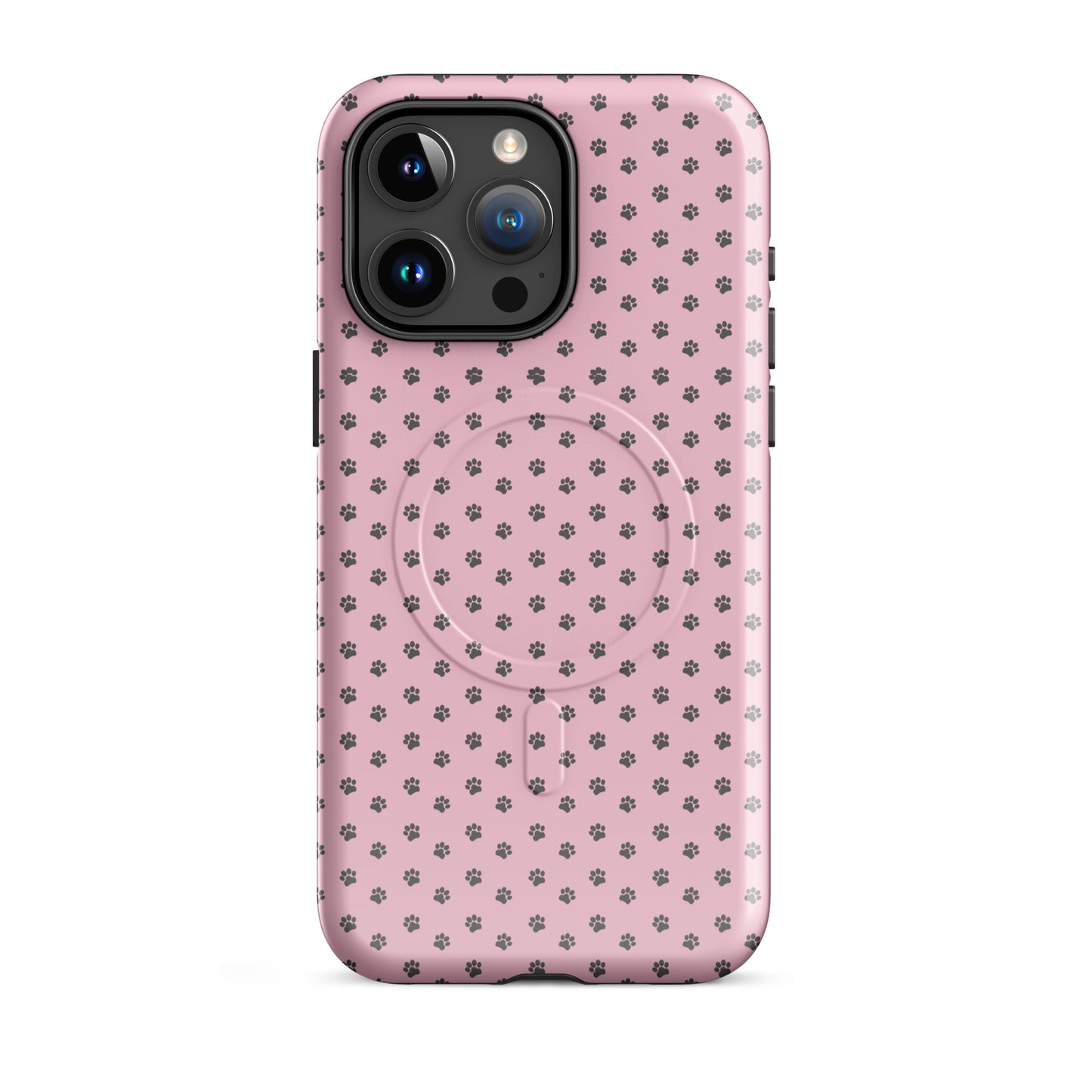 Magnetic Phone Case with paw-print design on pink background, ideal for pet lovers and iPhone protection.