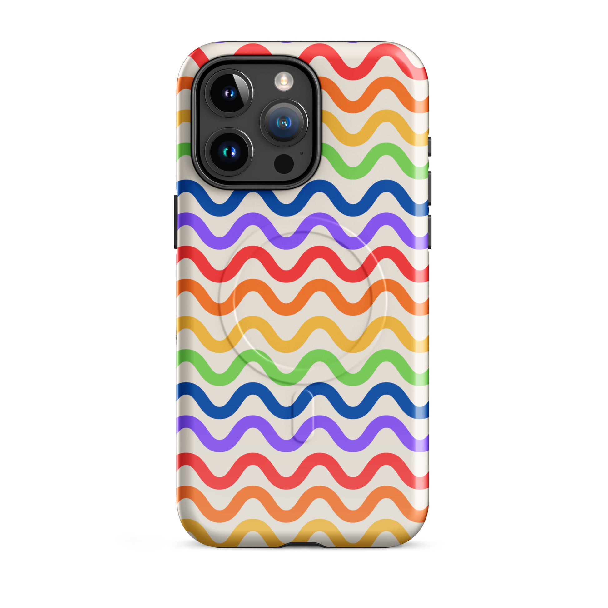 Magnetic Phone Case with wavy rainbow pattern for iPhone, offering vibrant colors and secure protection.