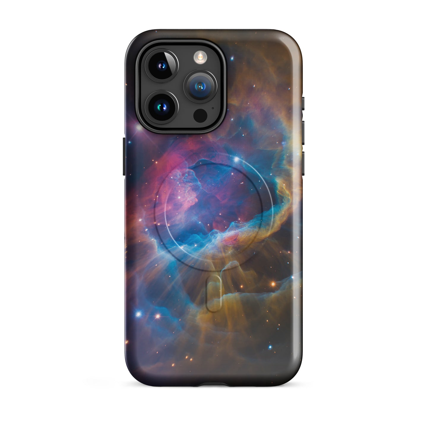 Magnetic Phone Case for iPhone with cosmic nebula design in blue, orange, and pink hues, featuring a starburst pattern.