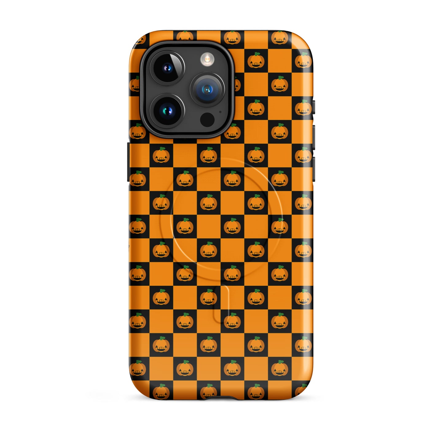 Magnetic Phone Case for iPhone with Pumpkin Checkered Halloween Design, featuring orange and black squares with jack-o'-lanterns.