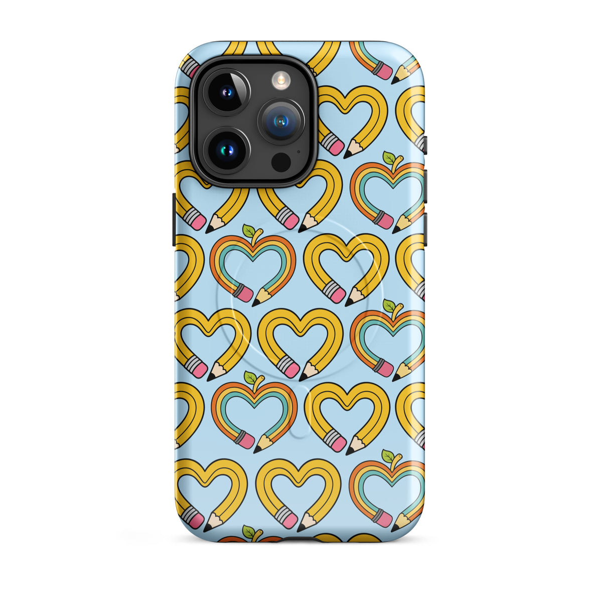 Magnetic Phone Case for iPhone with playful pencil-heart pattern, featuring pencil-shaped hearts with green leaves on a blue background.