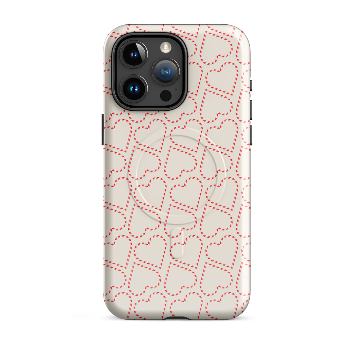 Magnetic Phone Case for iPhone with holiday candy cane heart pattern, featuring festive red and white stripes, Christmas design.