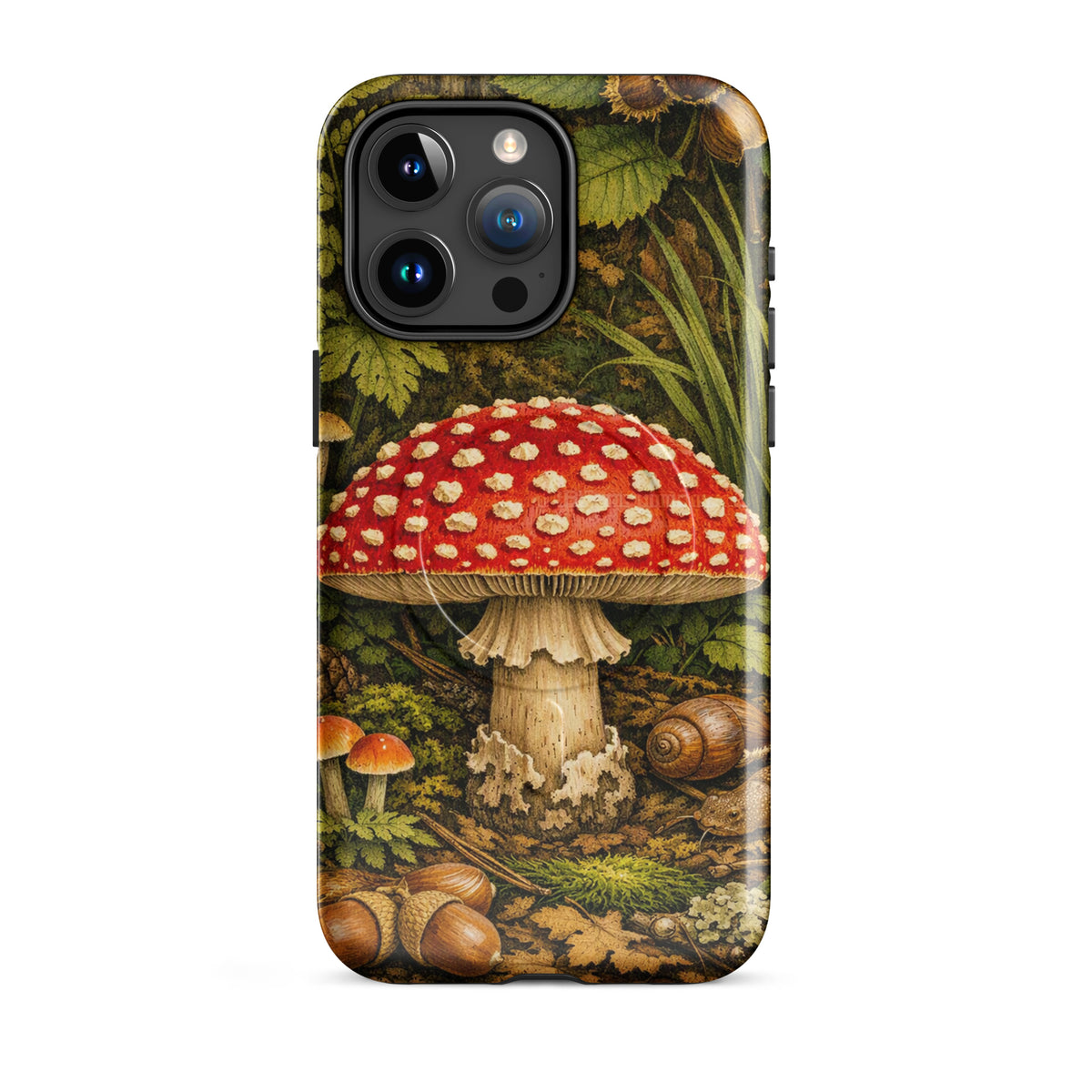 Magnetic Phone Case for iPhone featuring Amanita muscaria mushroom design with vivid colors and forest imagery. Perfect for nature lovers.
