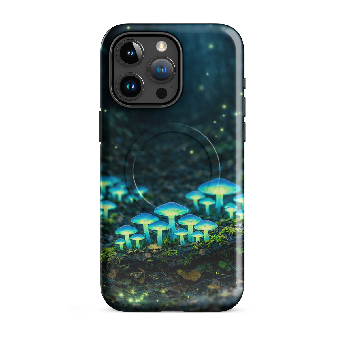 Magnetic Phone Case with bioluminescent forest mushrooms glowing in blue-green, designed for iPhone.