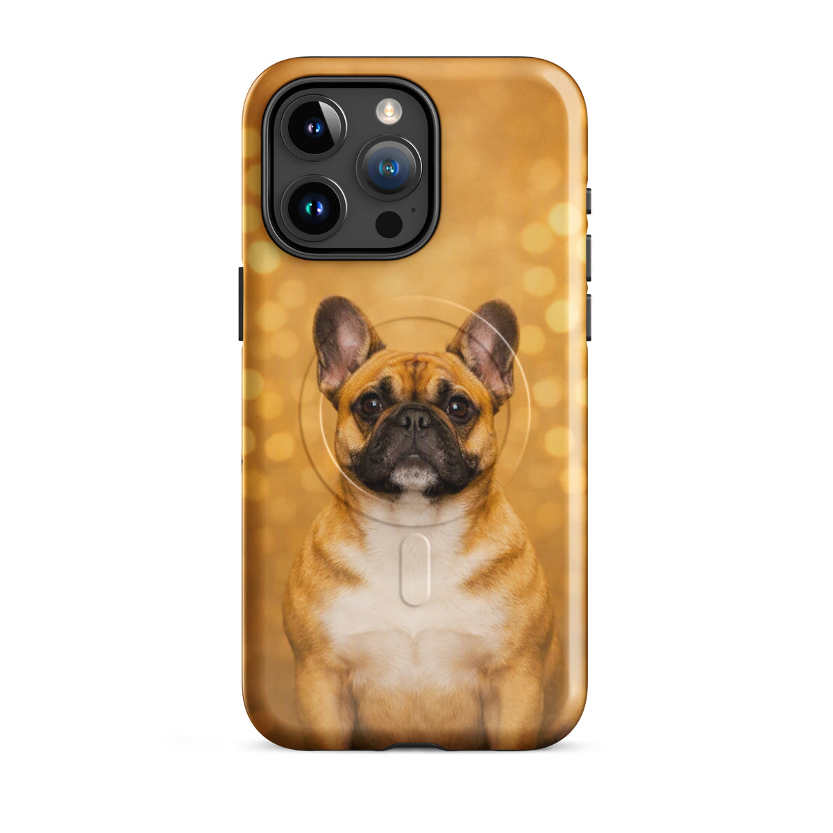 Magnetic Phone Case for iPhone with adorable French Bulldog portrait on golden bokeh background.