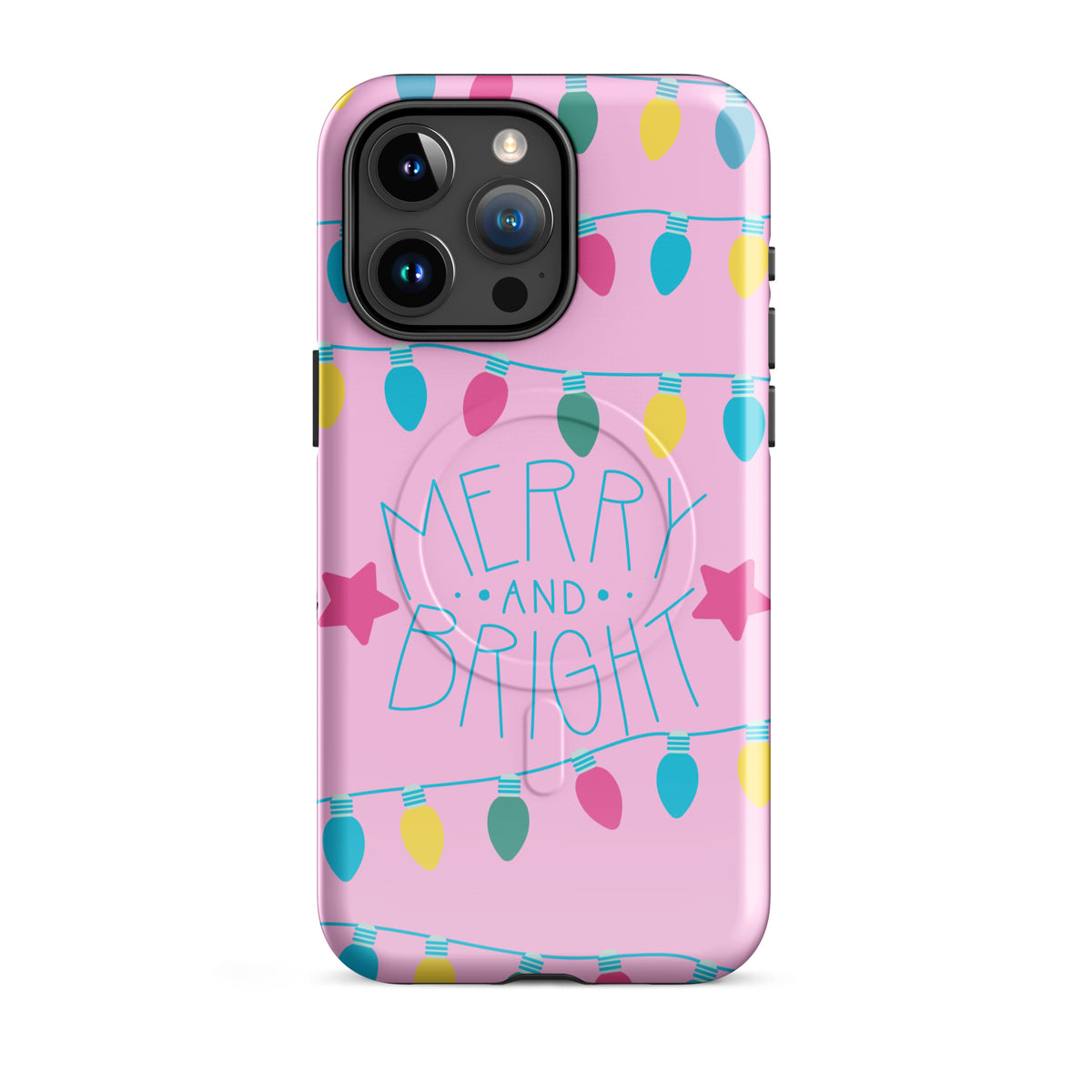 Magnetic Phone Case for iPhone with Merry and Bright holiday lights design on pink background