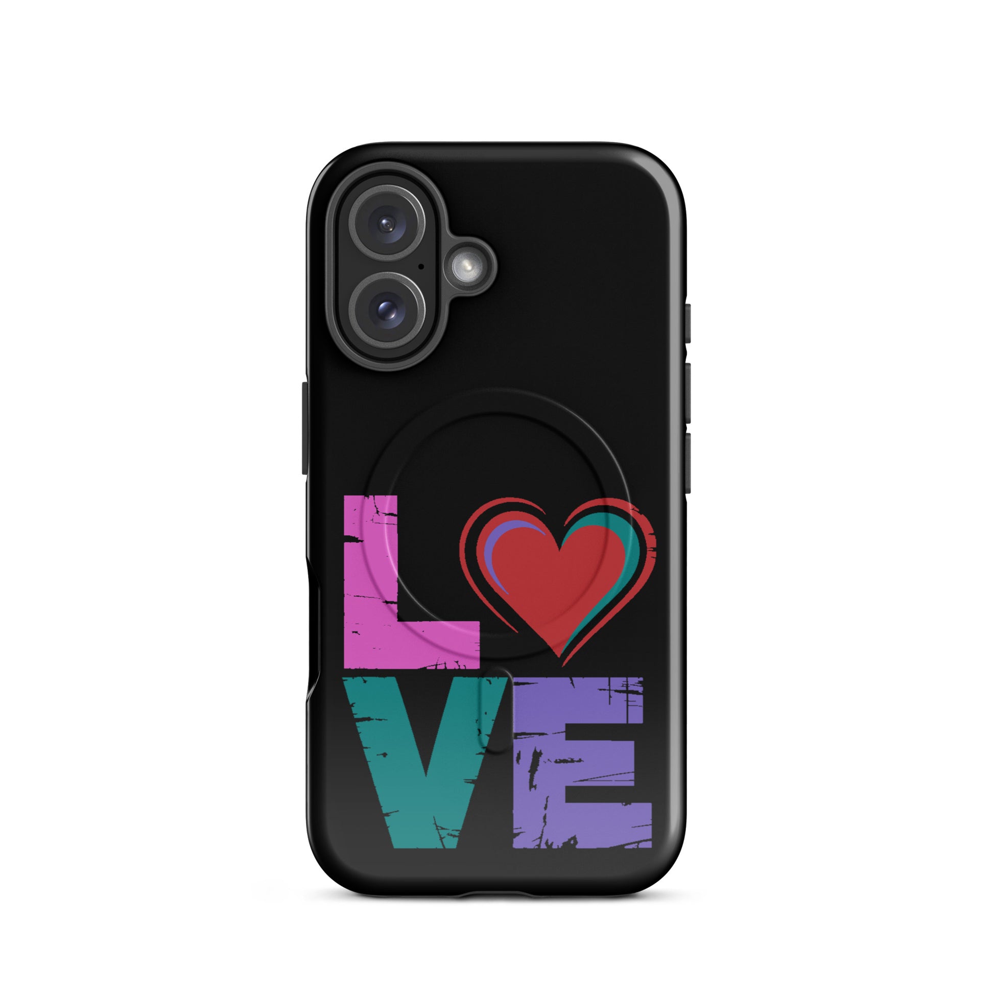 Love Magnetic Dual-Layer Tough Case for iPhone with colorful LOVE design and built-in magnets.