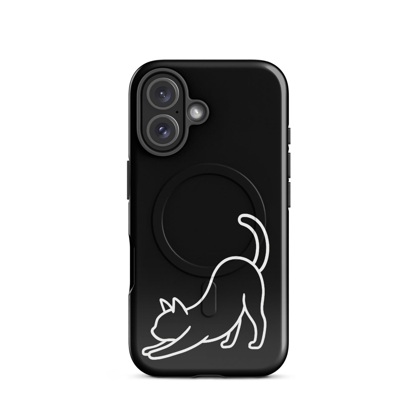 Magnetic Phone Case for iPhone featuring a minimalist stretching cat design on a sleek black background.