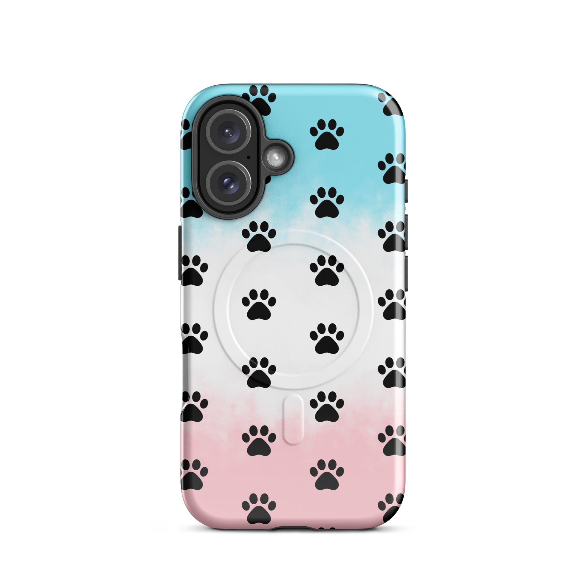 Magnetic Phone Case for iPhone with playful paw print design in blue and pink for pet lovers.
