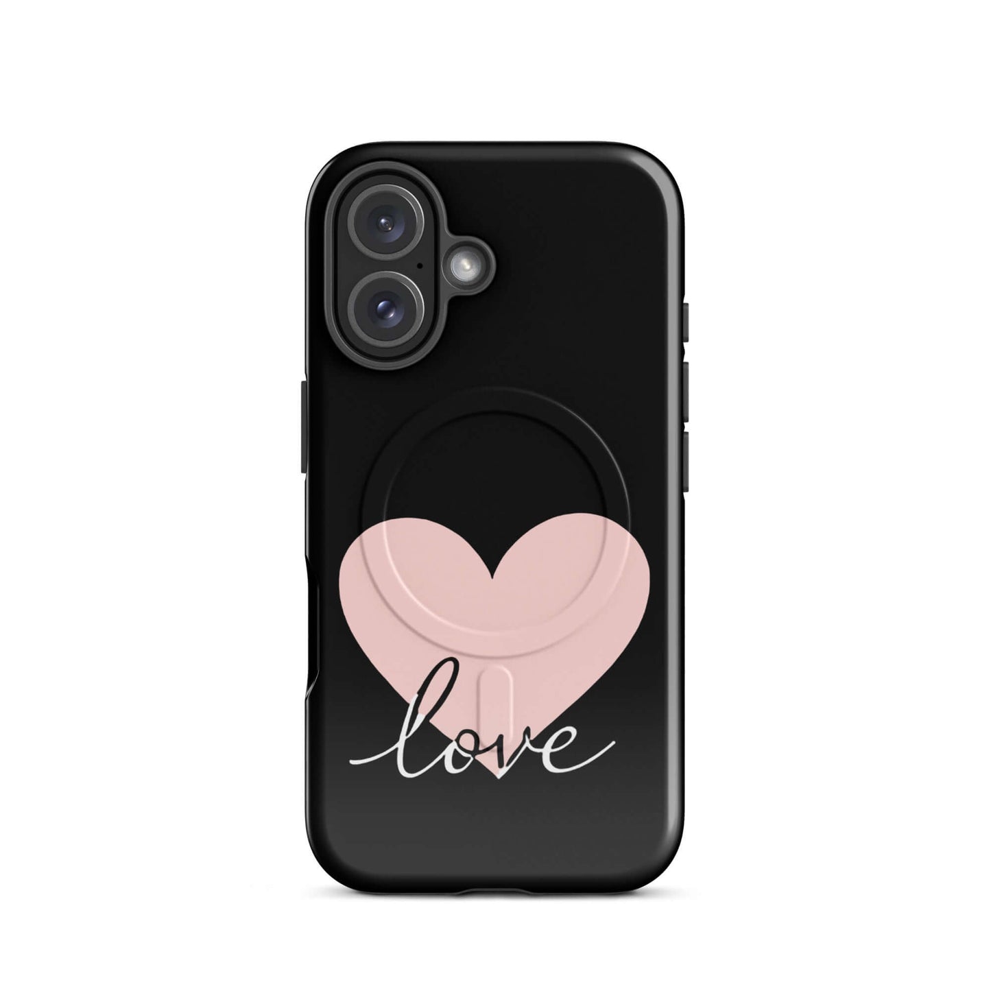 Magnetic Phone Case featuring a pink heart and flowing script 'love' on a sleek black background.