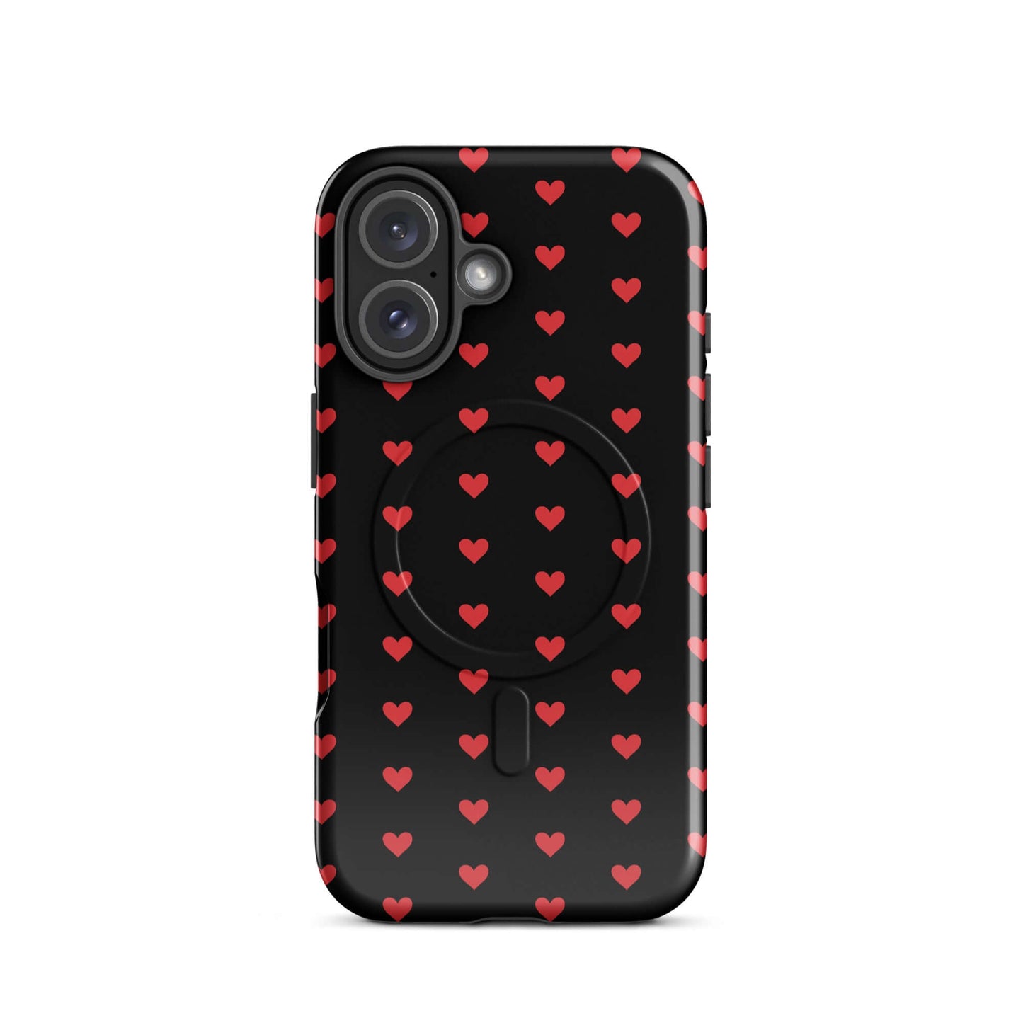 Magnetic Phone Case for iPhone featuring fiery red hearts on a black background, combining style and protection.