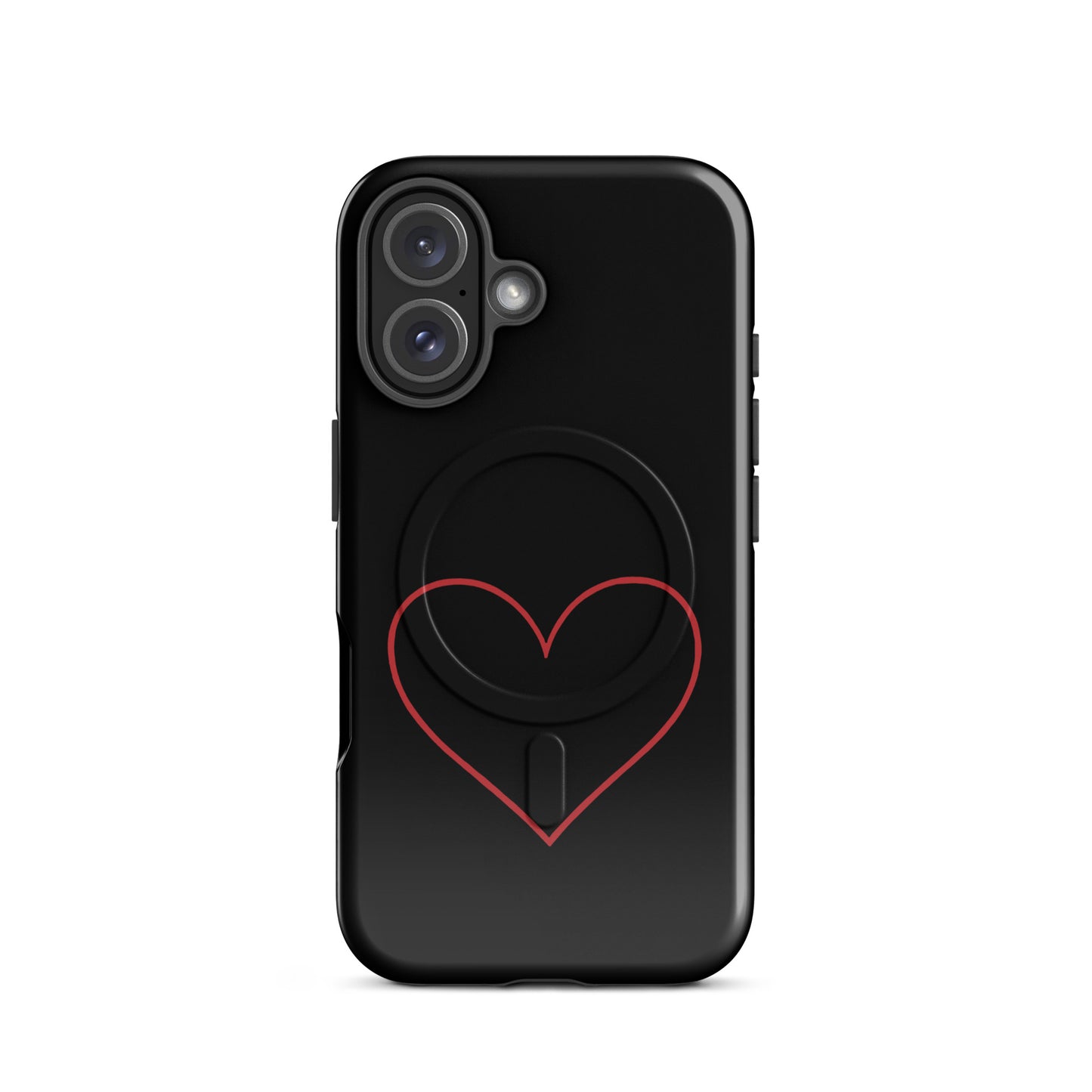 Magnetic Phone Case featuring a minimalist crimson heart design on a sleek black background.