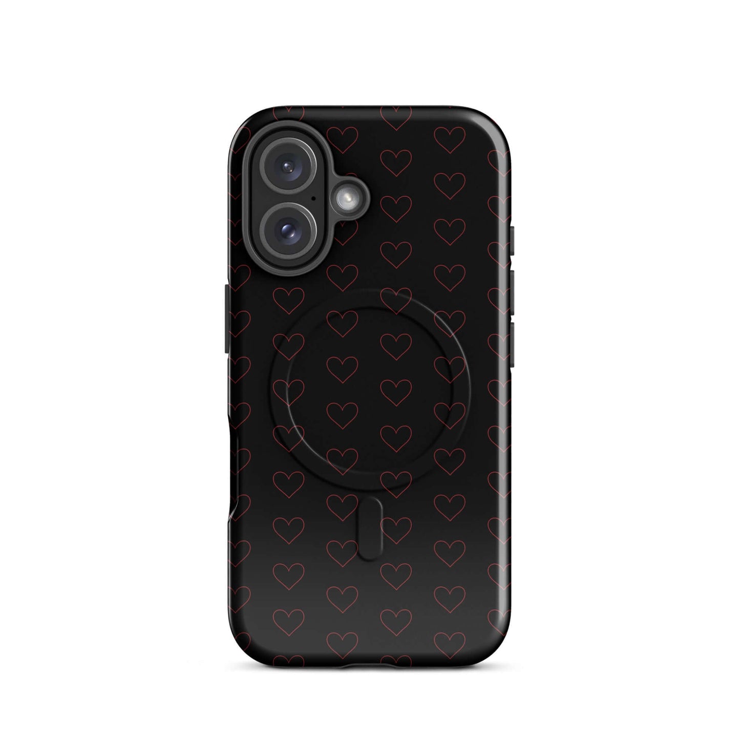 Magnetic Phone Case with crimson heart pattern showcased on a sleek black background.