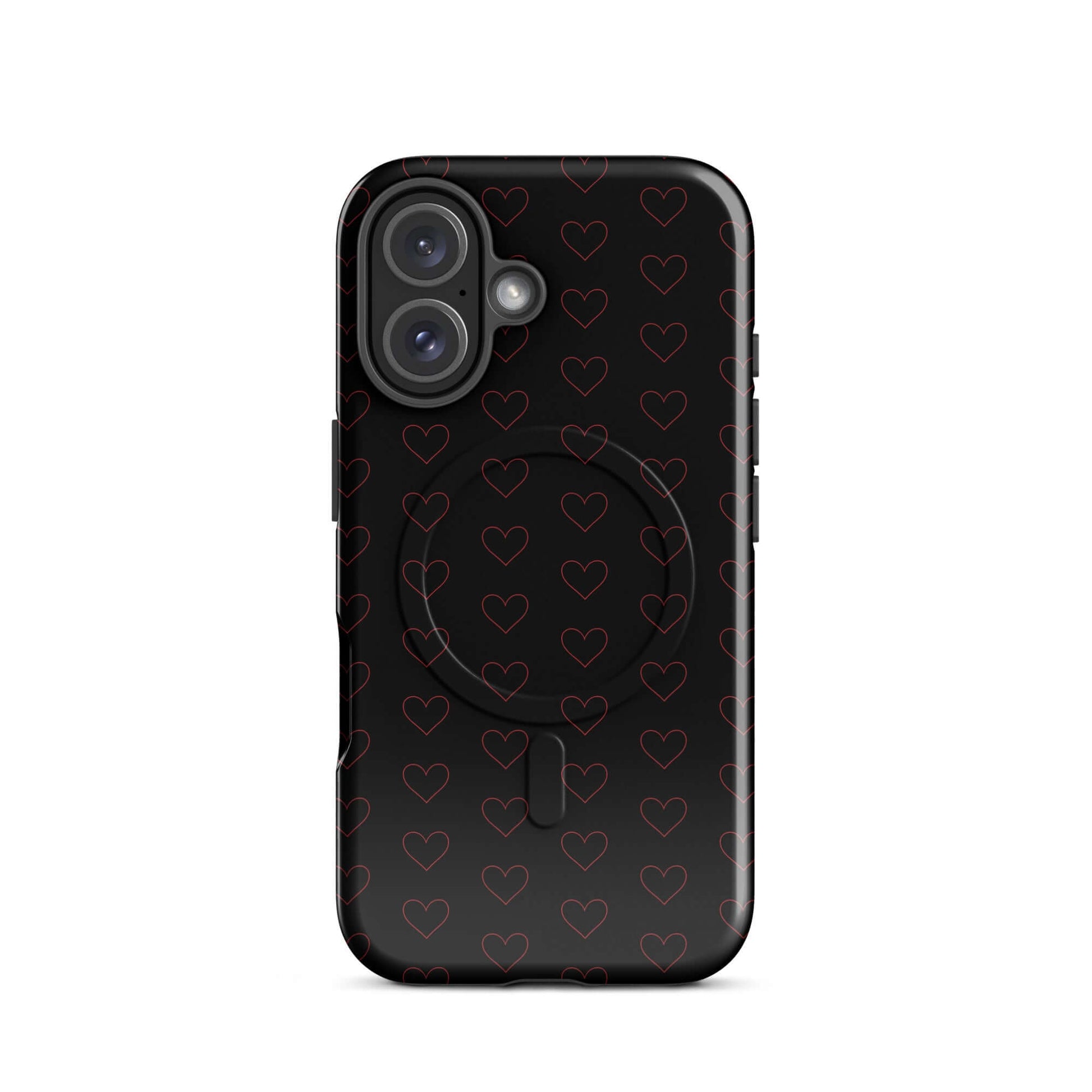 Magnetic Phone Case with crimson heart pattern showcased on a sleek black background.