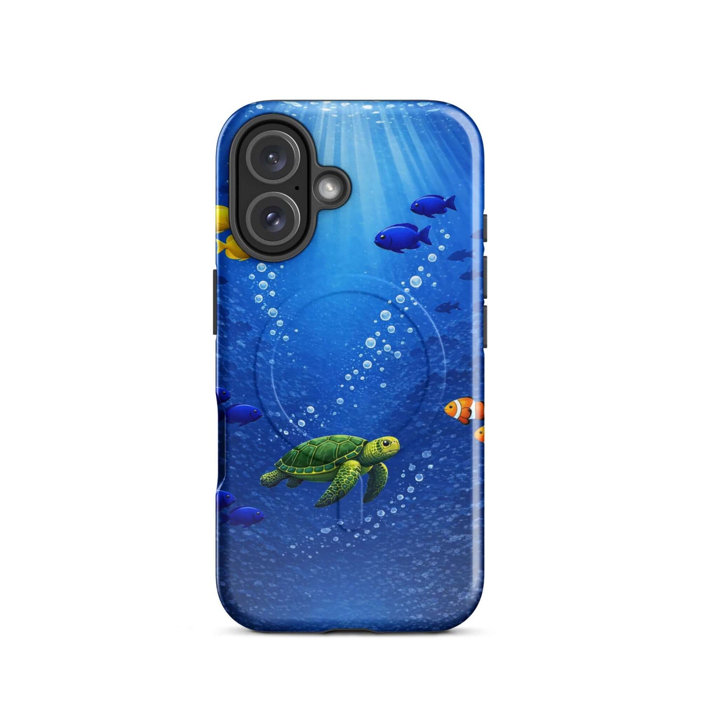 Magnetic Phone Case featuring a vibrant sea turtle and tropical fish design in deep blue waters.