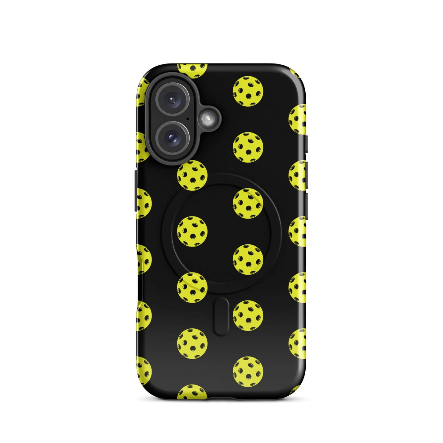 Magnetic Phone Case featuring a playful pickleball pattern on a black background.