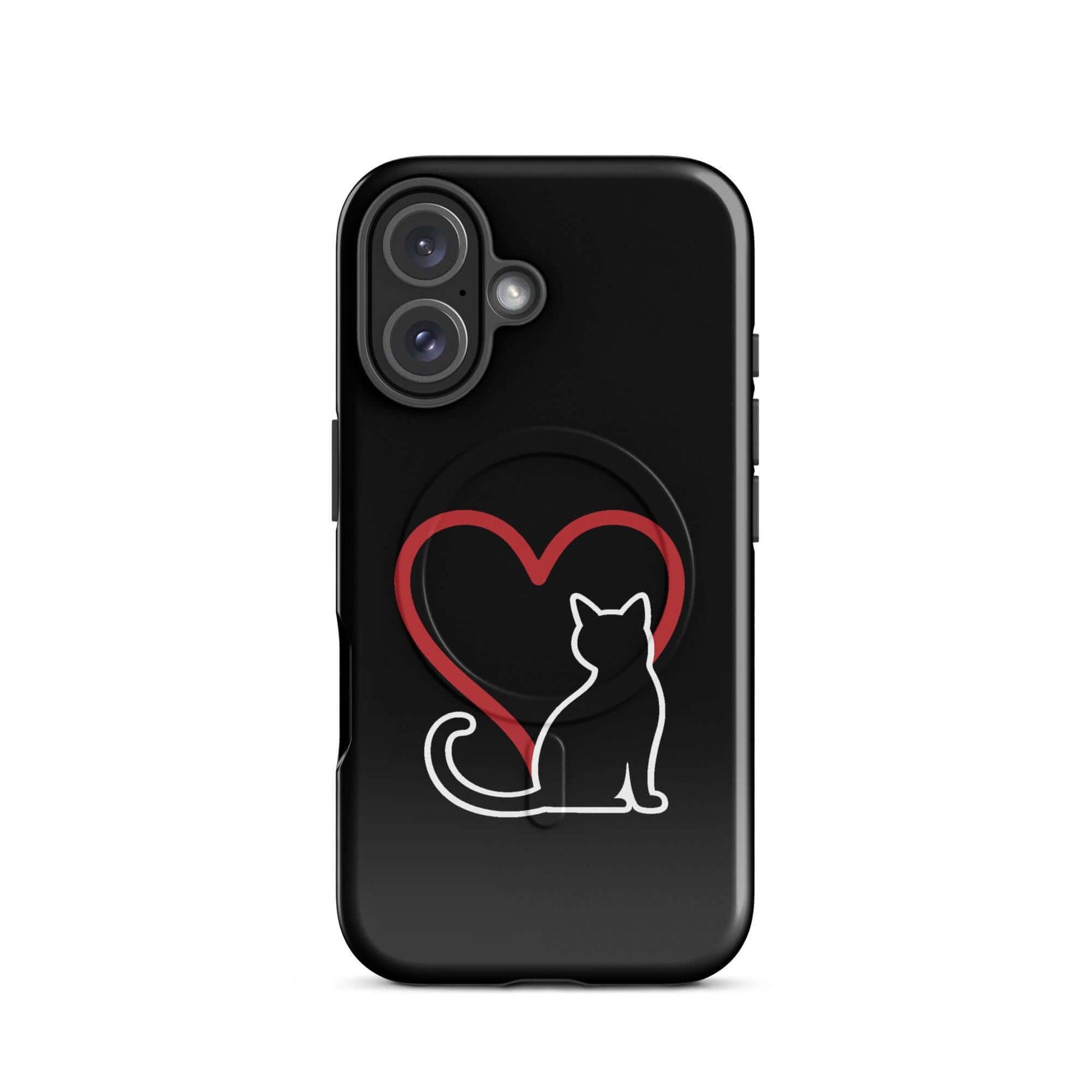 Magnetic Phone Case featuring a minimalist black cat and red heart design, perfect for cat lovers.