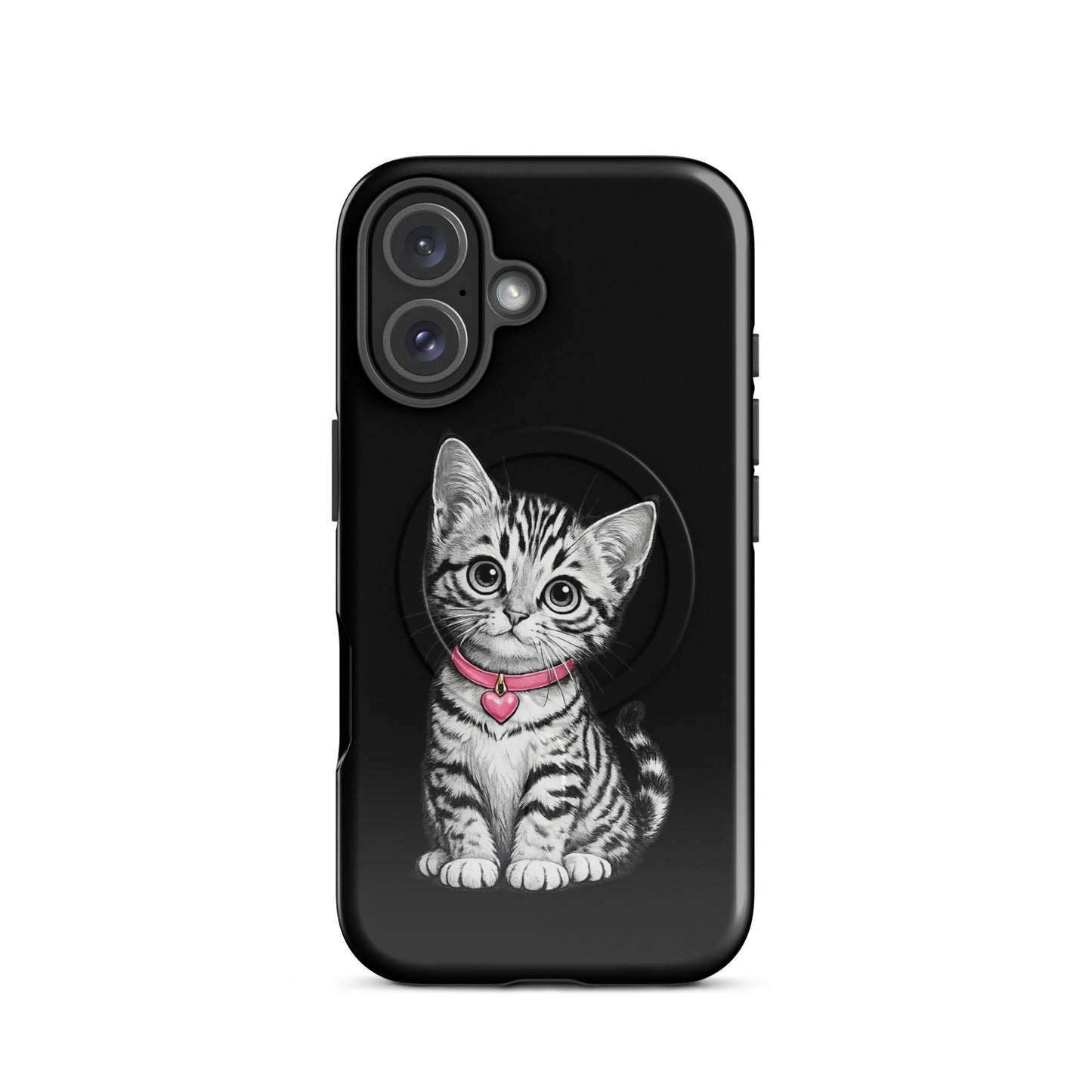 Magnetic Phone Case for iPhone with pencil-sketch kitten, pink collar, and heart charm on black background.