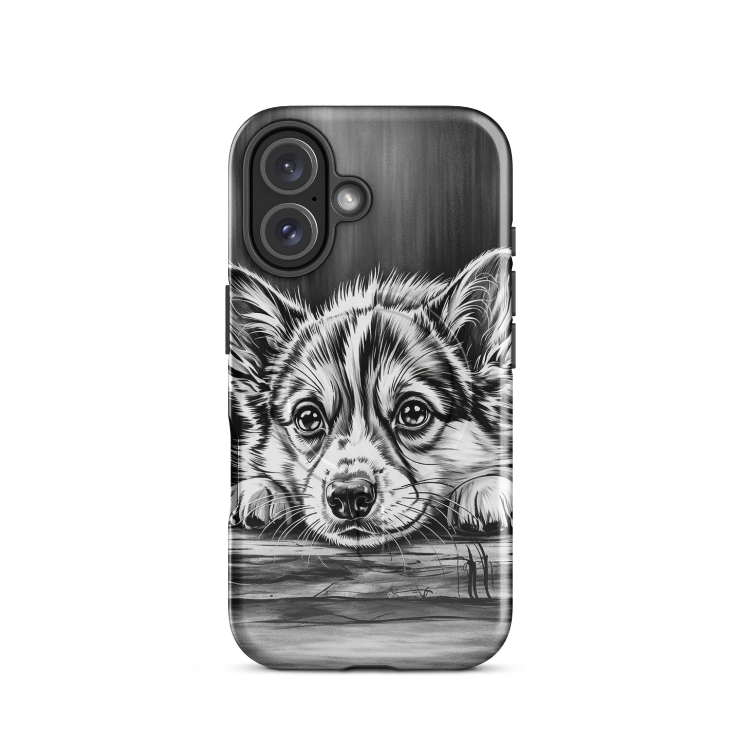 Magnetic Phone Case for iPhone with elegant puppy art, featuring a black-and-white illustration of a puppy on wood for stylish protection.