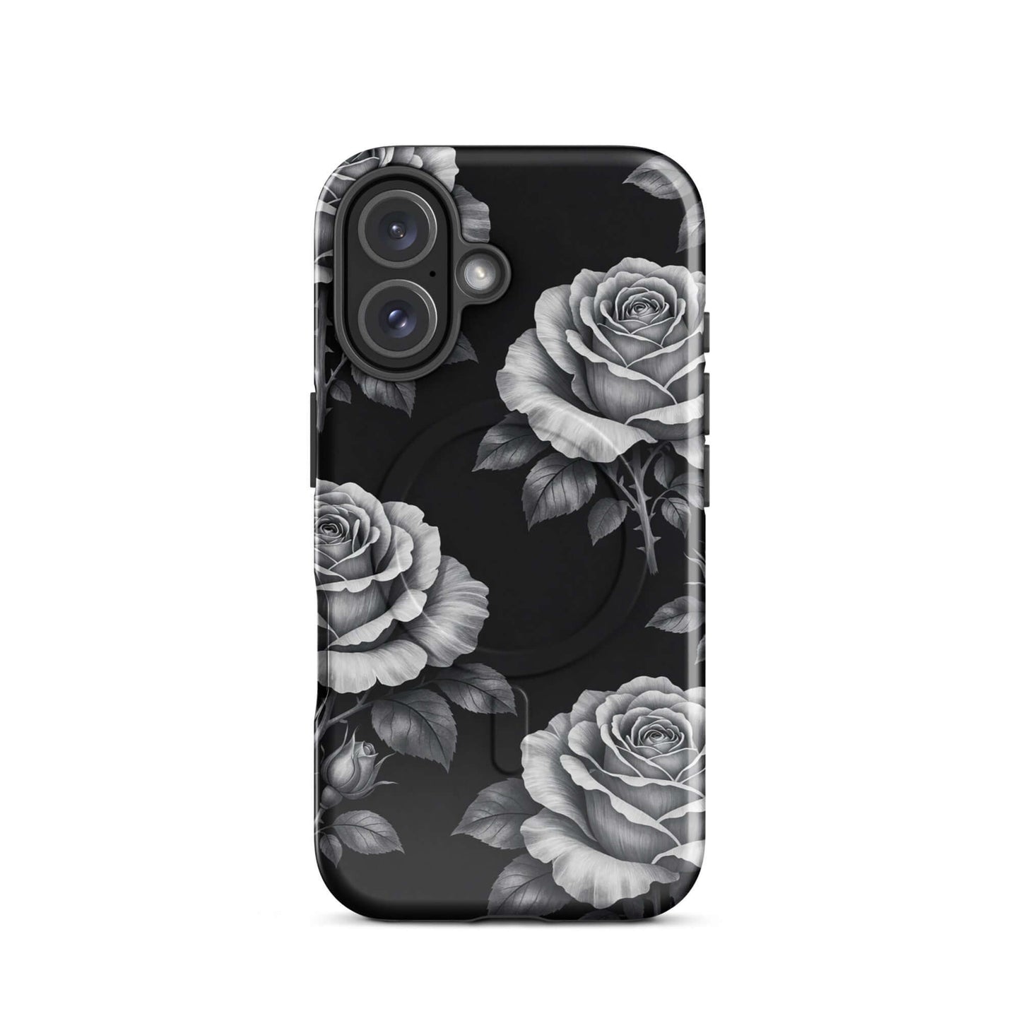 Magnetic Phone Case for iPhone with rose garden pattern on a black background