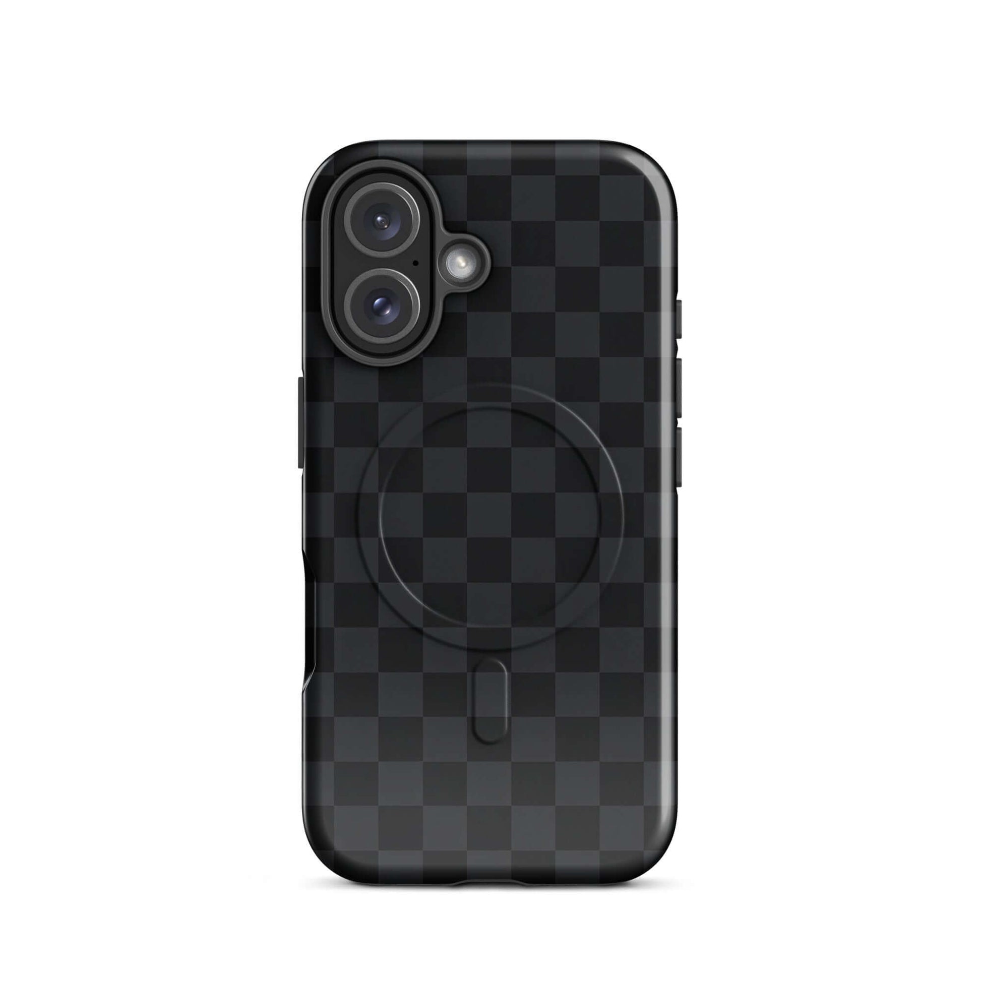 Magnetic Phone Case with black and charcoal checkered design for iPhone, offering style and protection.