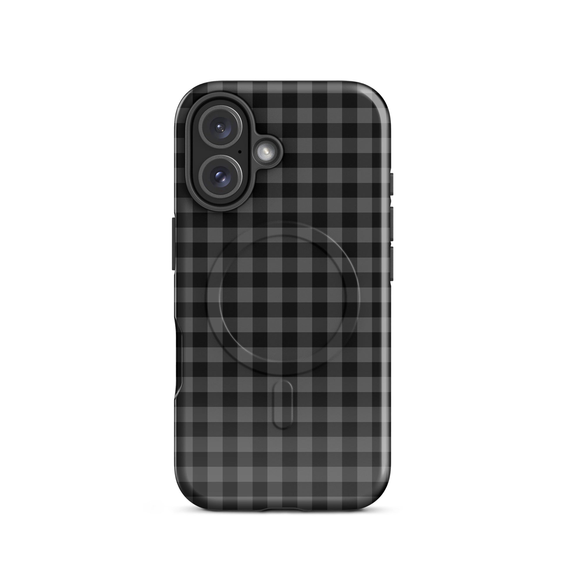 Magnetic Phone Case for iPhone with black and charcoal gingham pattern, offering modern design and durable protection.