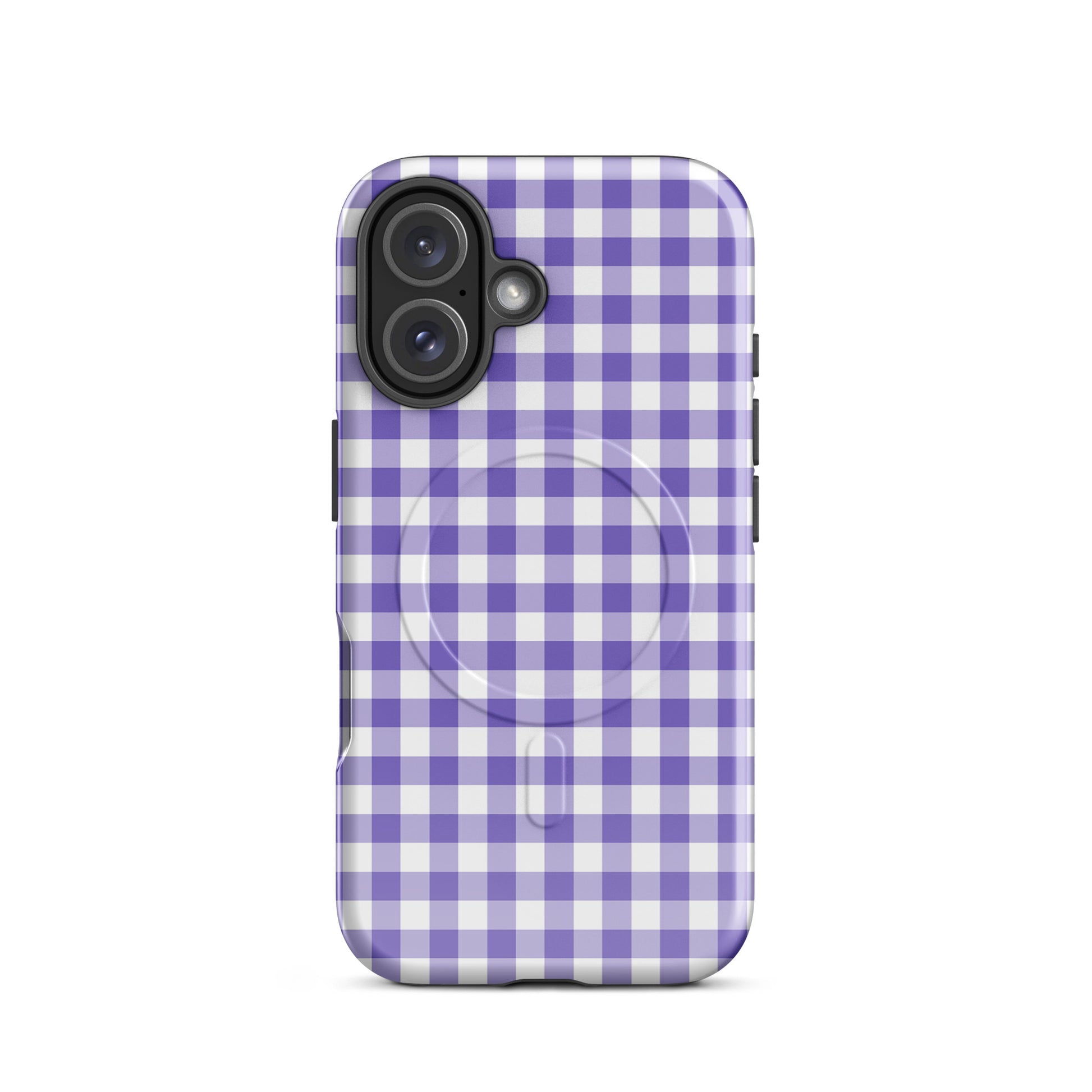 Magnetic Phone Case with purple gingham pattern for iPhone, offering style and protection.