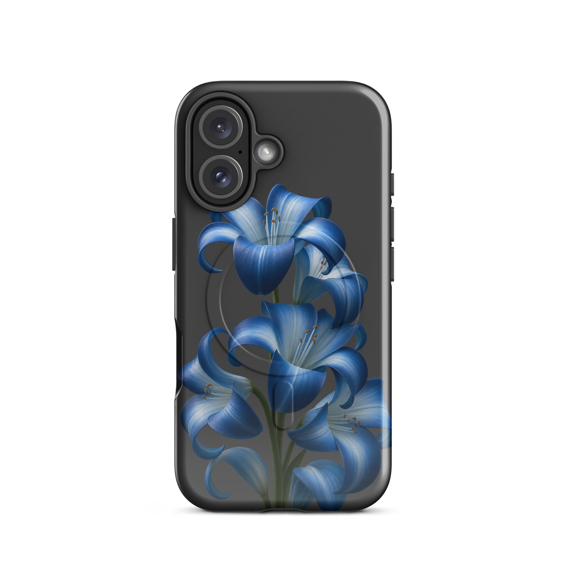 Magnetic Phone Case for iPhone featuring Blue Lily Bloom art on a dark backdrop, providing stylish protection and vibrant design flair.