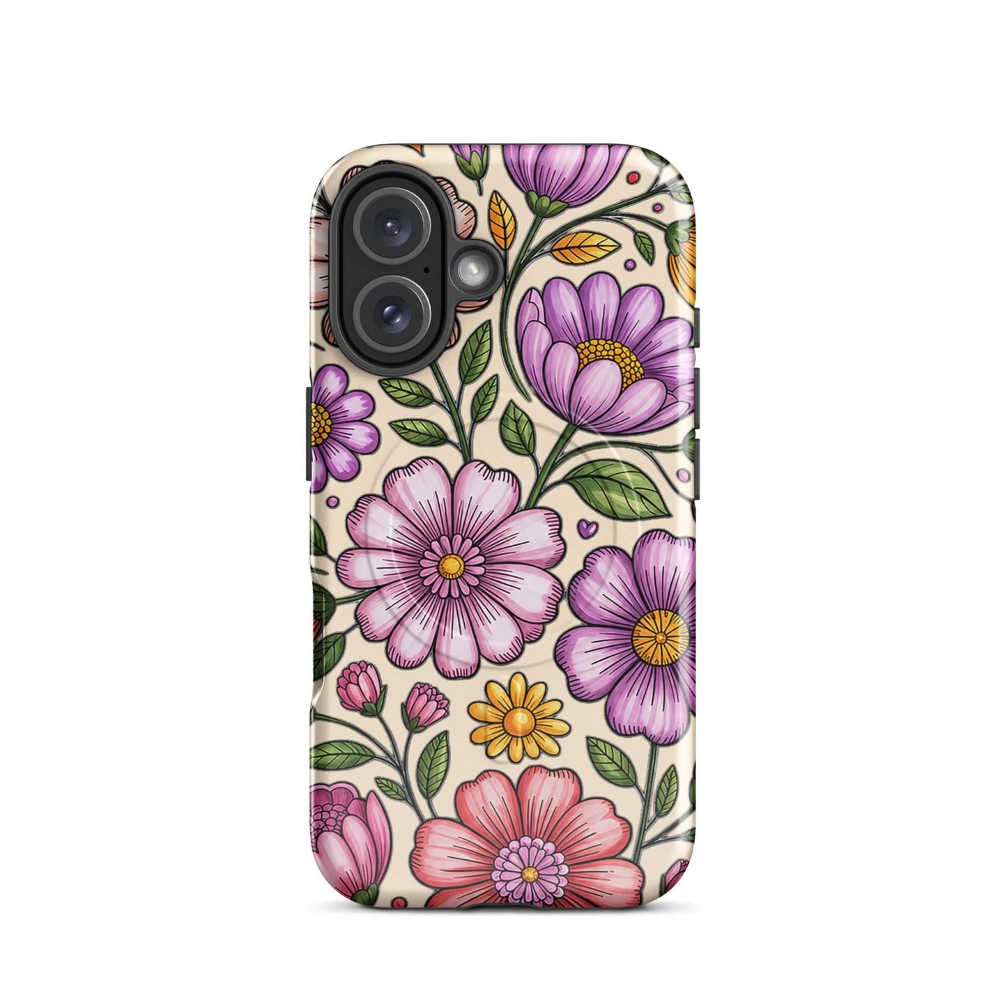 Magnetic Phone Case with pastel floral design showcasing soft pink, purple, yellow flowers on a sturdy protective shell.