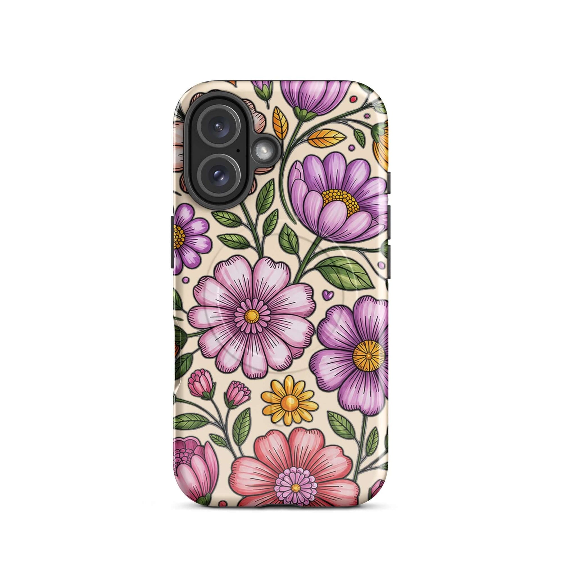 Magnetic Phone Case with pastel floral design showcasing soft pink, purple, yellow flowers on a sturdy protective shell.