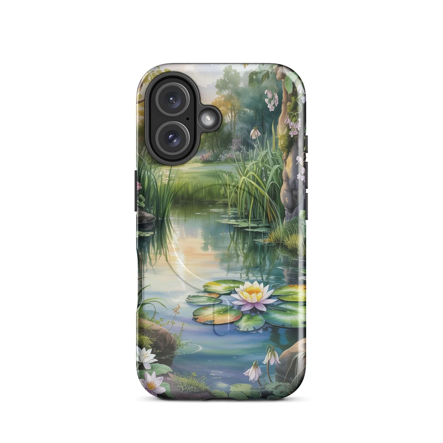 Magnetic Phone Case for iPhone with enchanted pond design featuring water lilies and lush greenery.