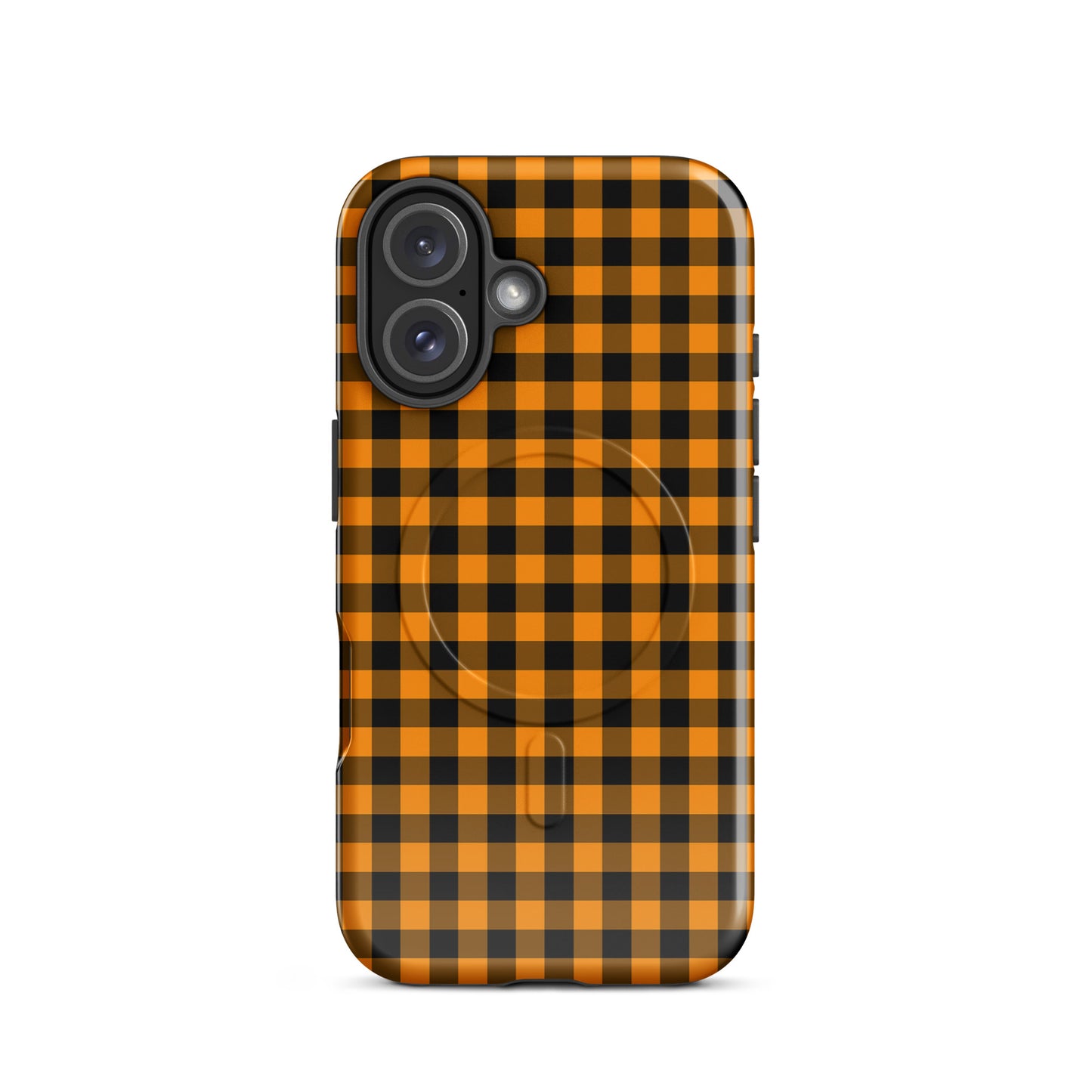 Magnetic Phone Case in black-and-orange gingham autumn theme for iPhone, stylish and durable.