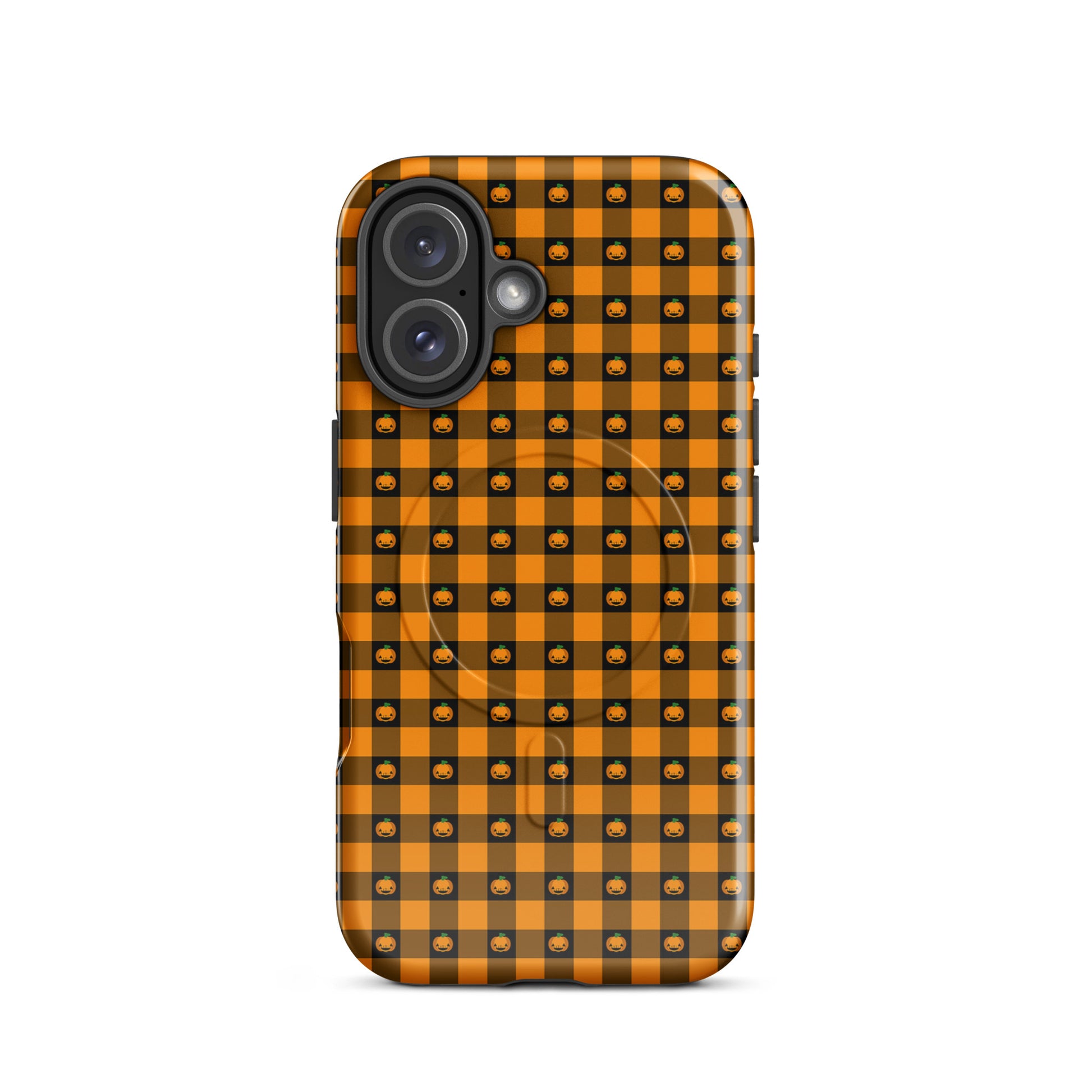 Magnetic Phone Case for iPhone with Halloween pumpkin gingham design, featuring festive jack-o’-lantern pattern.