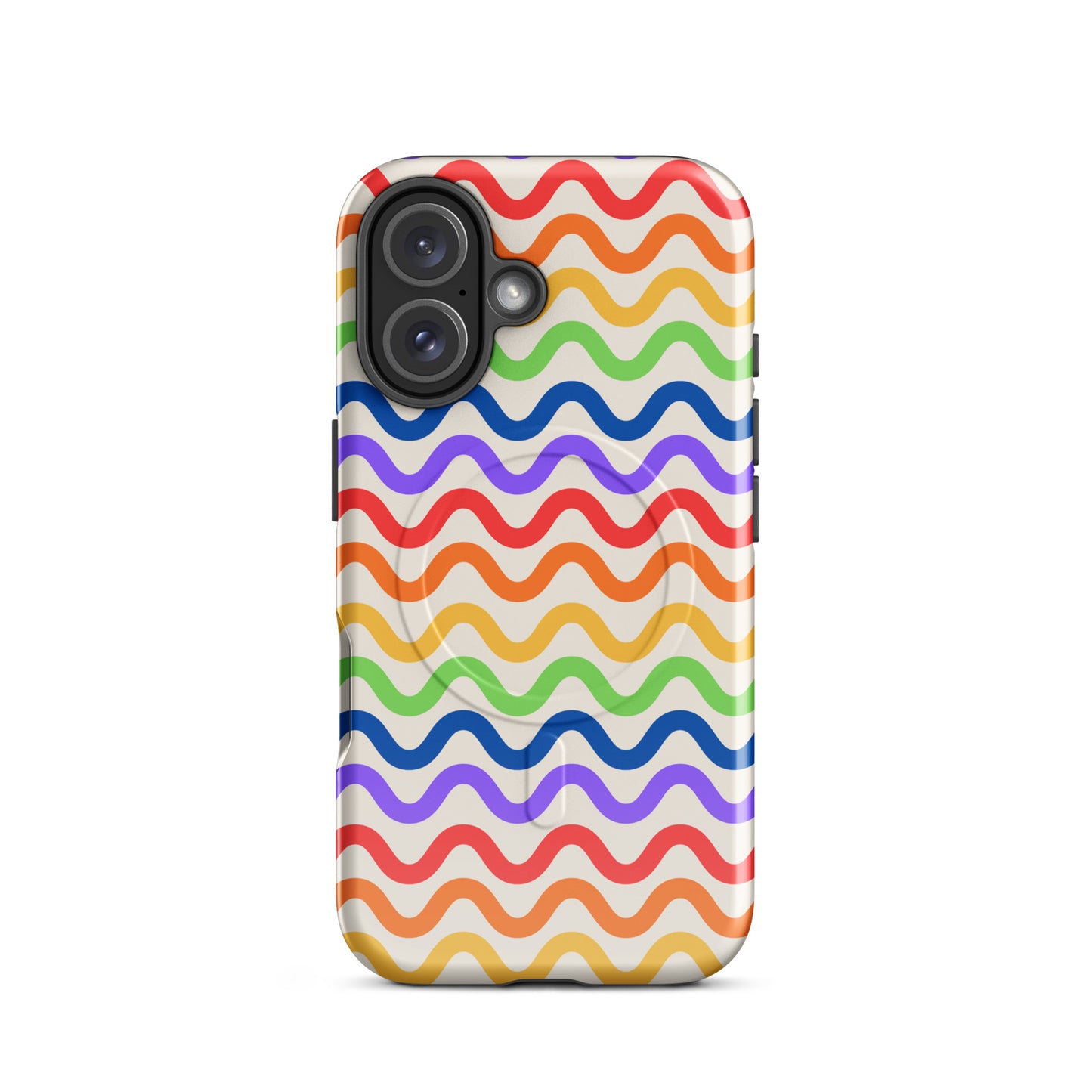 Magnetic Phone Case with wavy rainbow pattern for iPhone, featuring vibrant colors and strong protection.