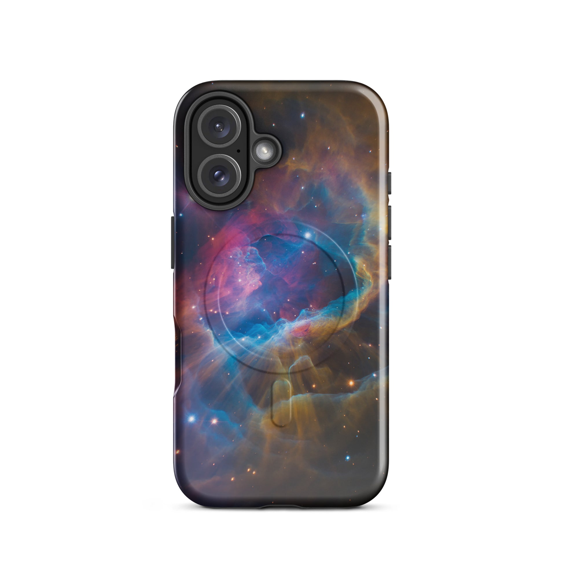 Magnetic Phone Case for iPhone with captivating nebula design featuring swirls of blues, oranges, and pinks like a cosmic dreamscape.