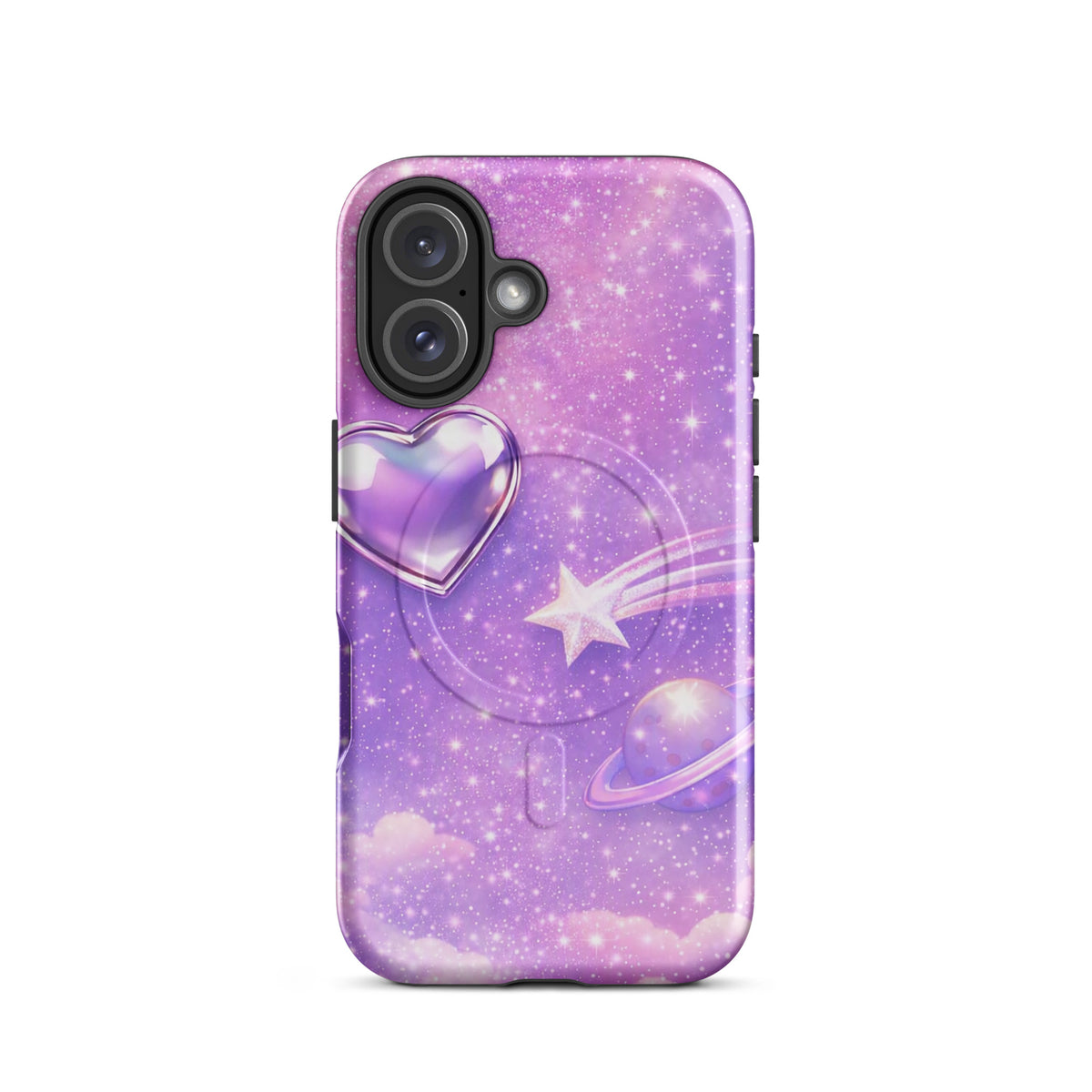 Magnetic Phone Case for iPhone - Cosmic Heart design with shooting star, ringed planet, and pastel cloud background.
