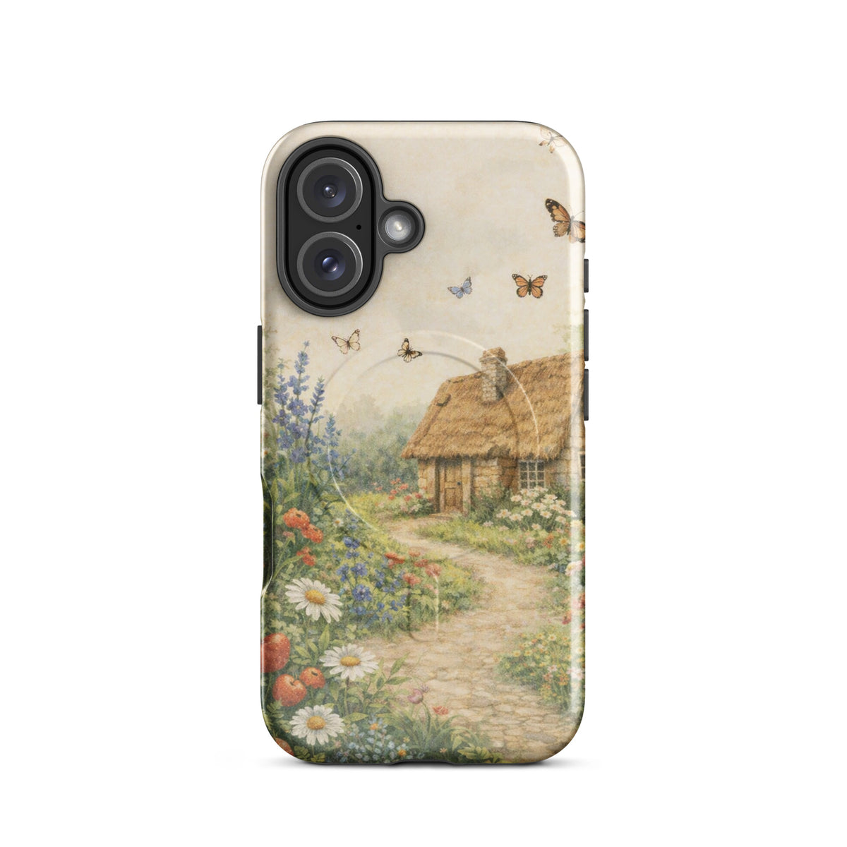 Magnetic Phone Case for iPhone with cottage garden art, featuring a stone cottage and vibrant flowers on a cream background.