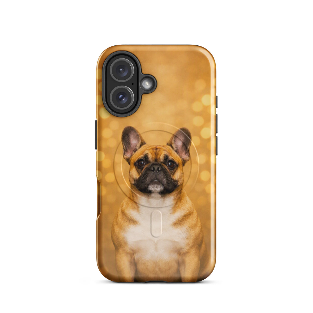 Magnetic Phone Case for iPhone featuring French Bulldog portrait with golden bokeh background, adding charm and sophistication.