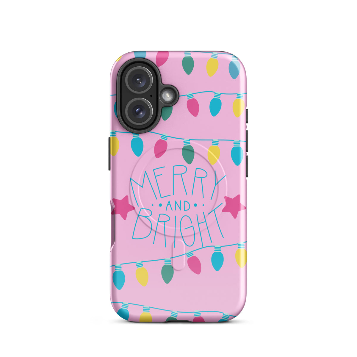 Magnetic Phone Case for iPhone with Merry and Bright design, featuring colorful holiday lights and stars on a pink background.