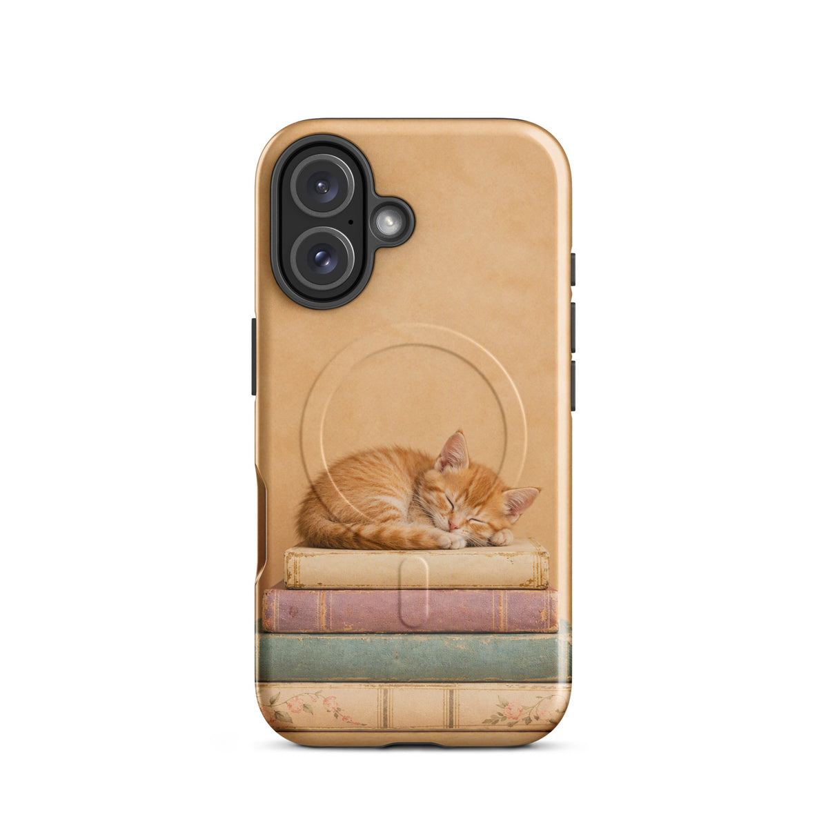 Magnetic Phone Case with sleeping orange kitten on vintage books, warm neutral colors, cozy design for book and cat lovers.