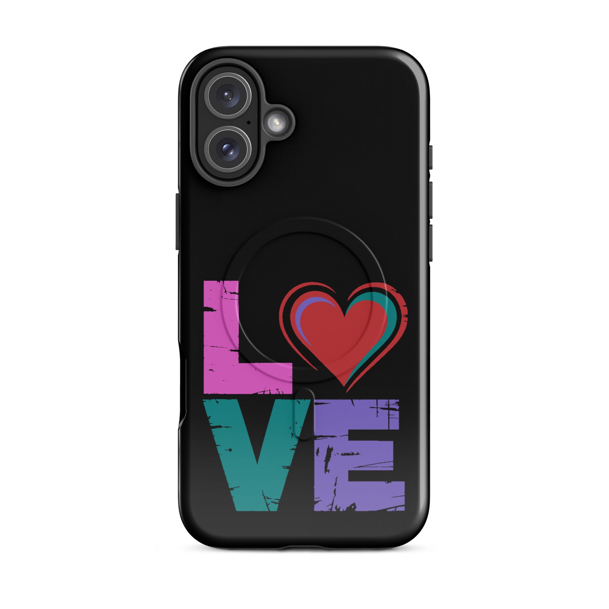 Love Magnetic Dual-Layer Tough Case for iPhone featuring colorful love graphic on a black background.
