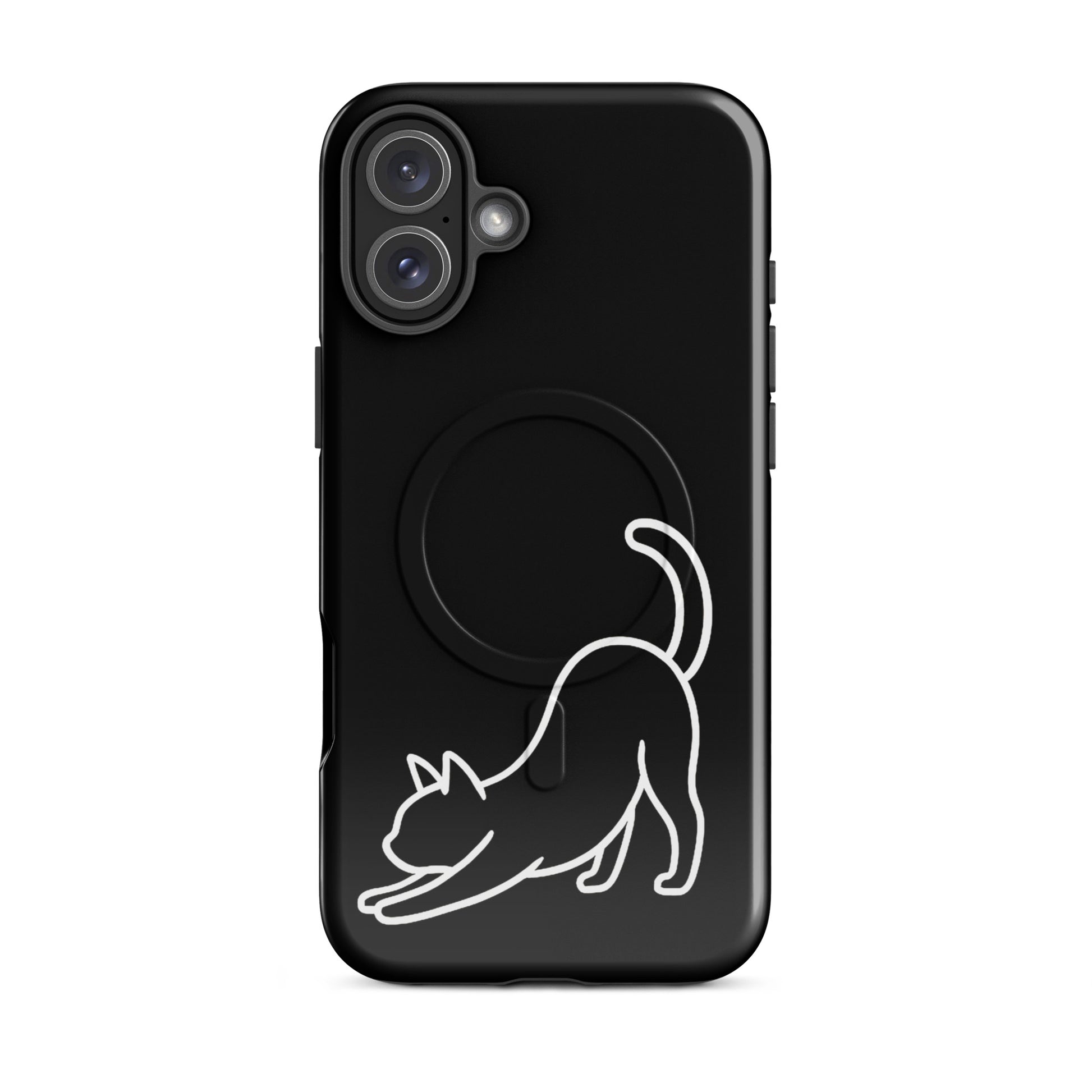Magnetic Phone Case featuring a minimalist stretching cat design on a black background for iPhone protection.