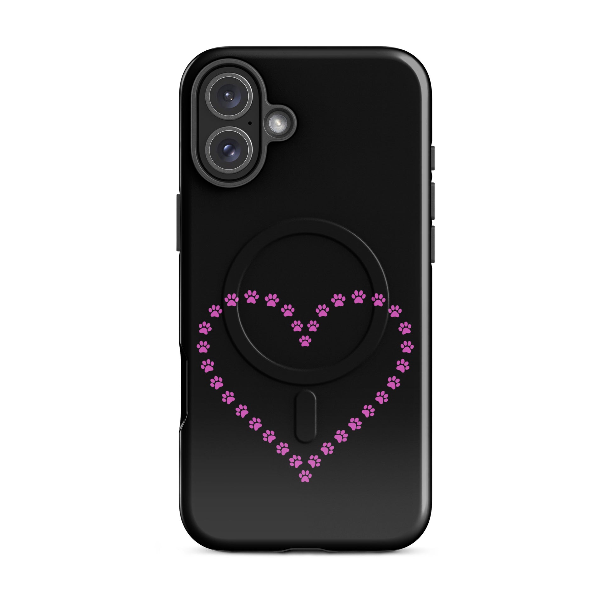 Magnetic Phone Case for iPhone with paw print heart design in pink, perfect for pet lovers.