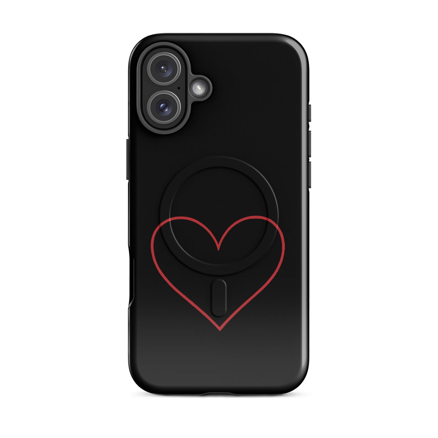 Magnetic Phone Case featuring a minimalist crimson heart design on a sleek black background.