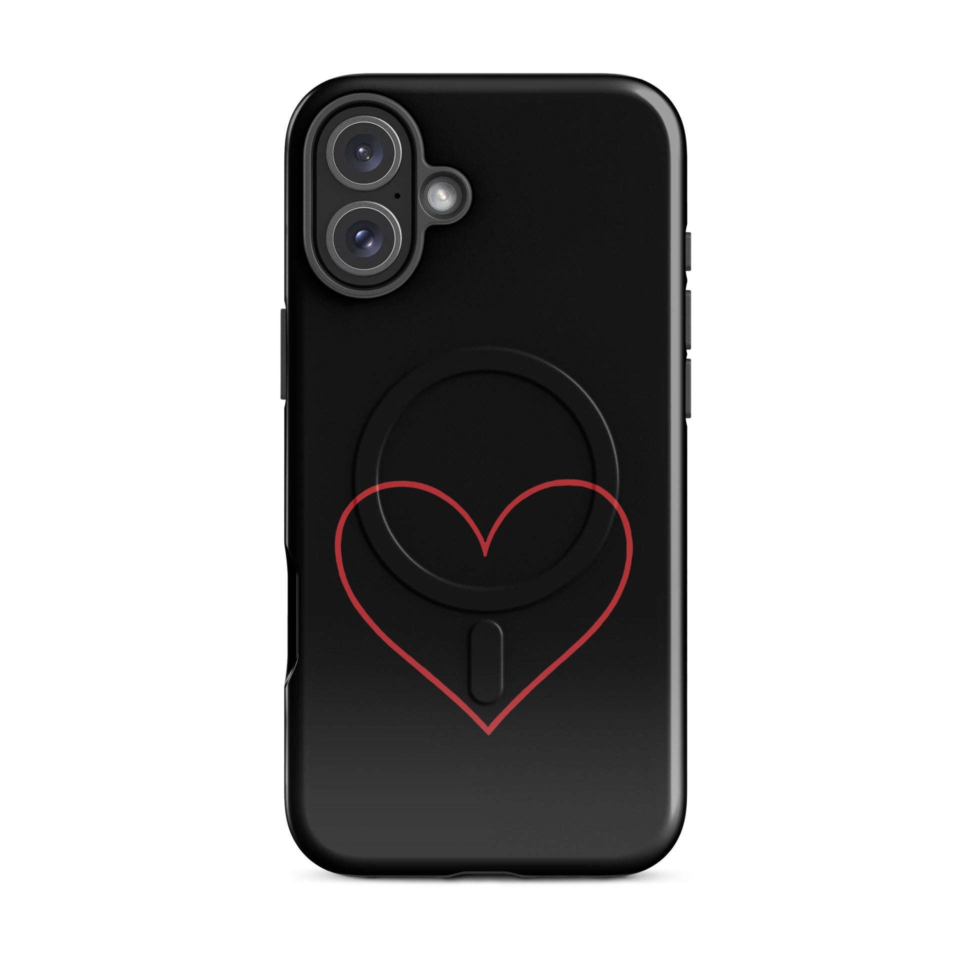 Magnetic Phone Case featuring a minimalist crimson heart design on a sleek black background.