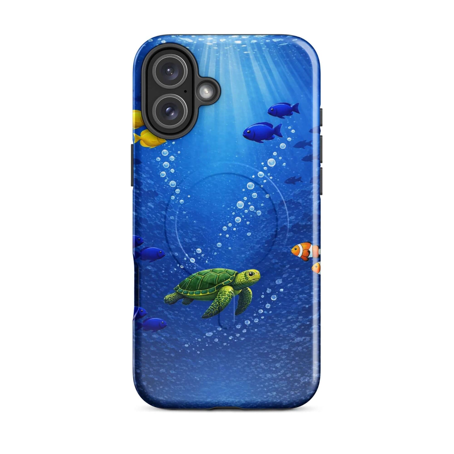Magnetic Phone Case featuring a vibrant sea turtle and tropical fish design in a deep blue underwater scene.