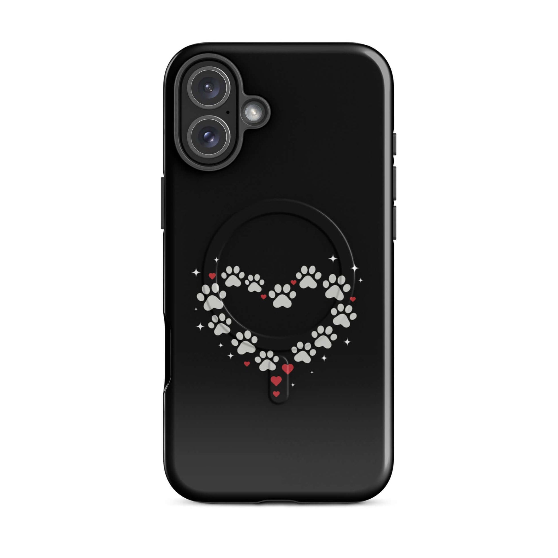 Magnetic Phone Case featuring a paw-print heart design on a sleek black background.