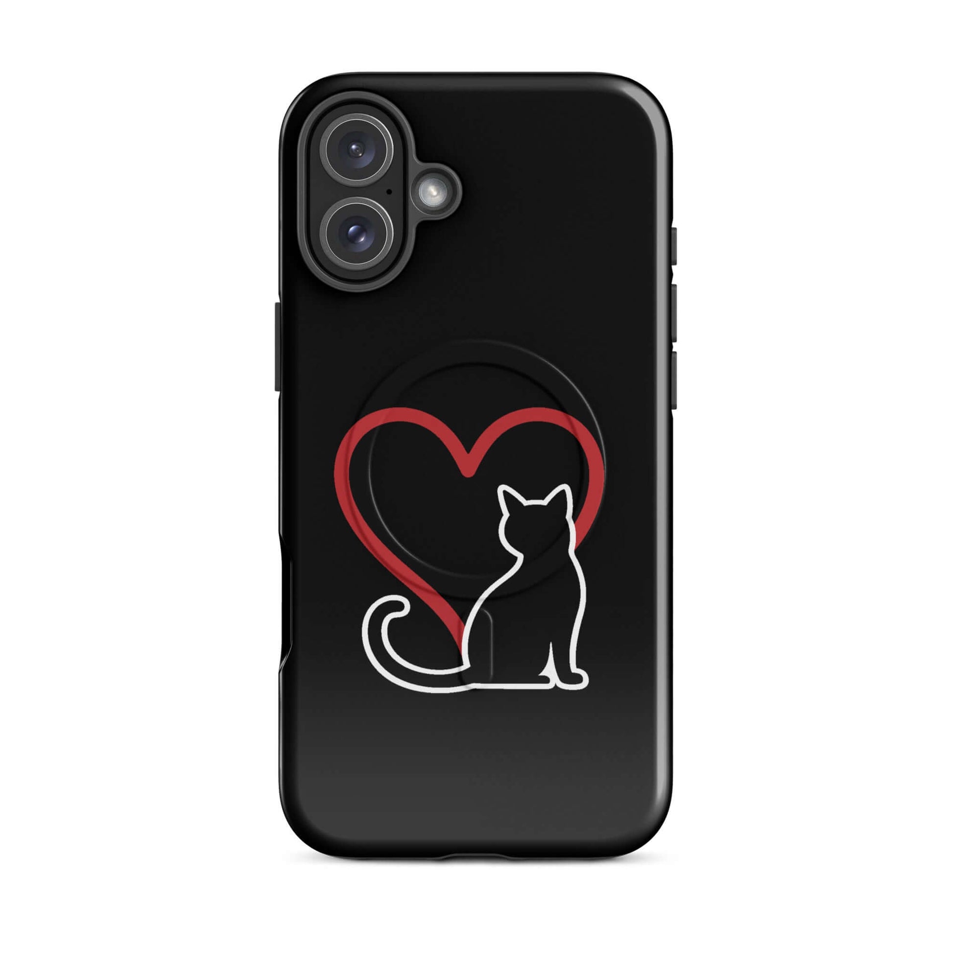 Magnetic Phone Case featuring a black cat and red heart design, perfect for cat lovers.