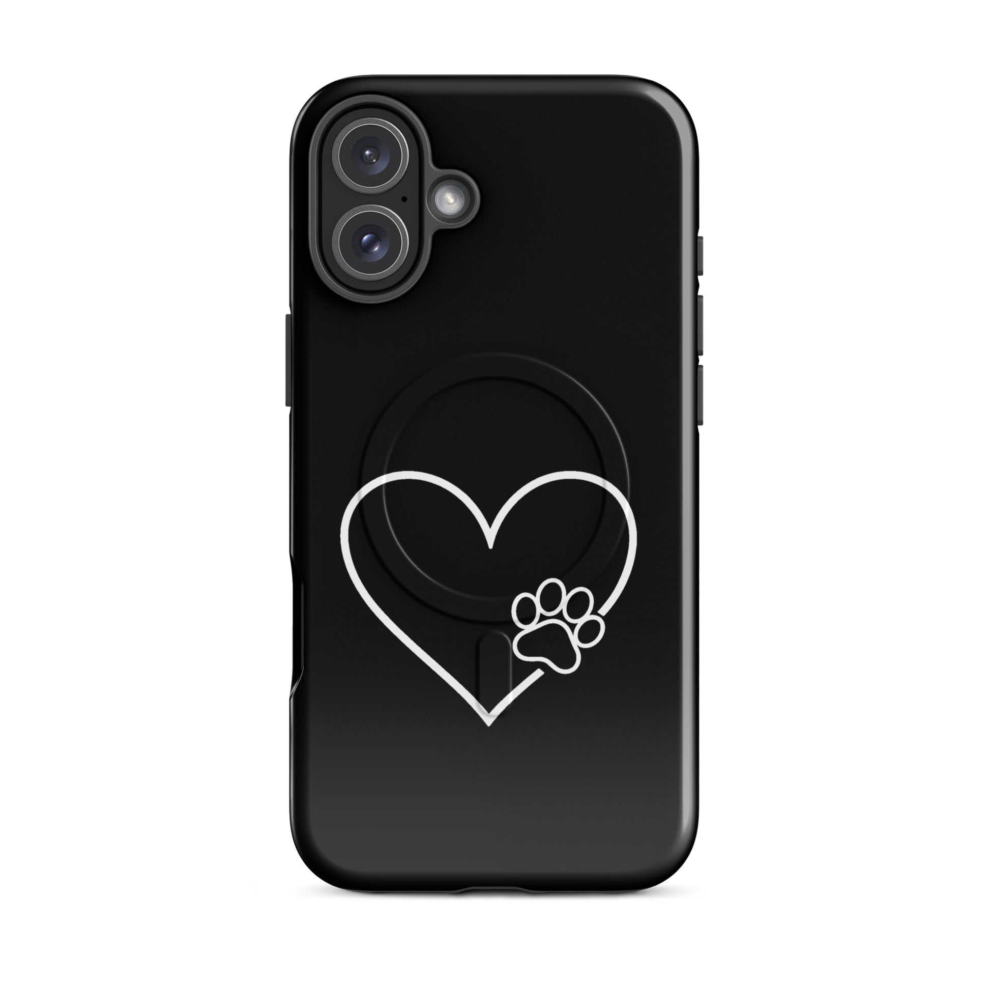 Black Magnetic Phone Case for iPhone with white heart and paw print design, symbolizing loyalty and love for pet owners.